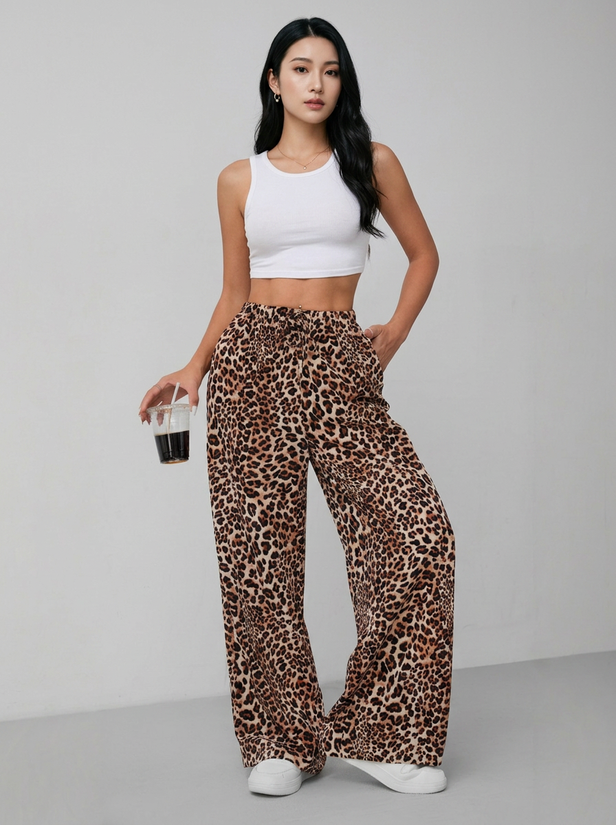 Brown SYALA vintage leopard tie-front wide-leg pants