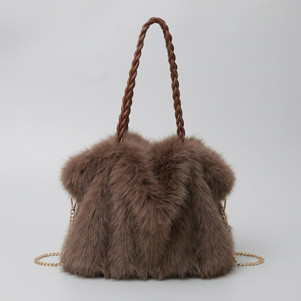 CHARLOTTE Plush Velvet Shoulder Tote in Brown