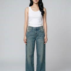SYLVAINE Vintage Casual Baggy Jeans in Nostalgia Blue