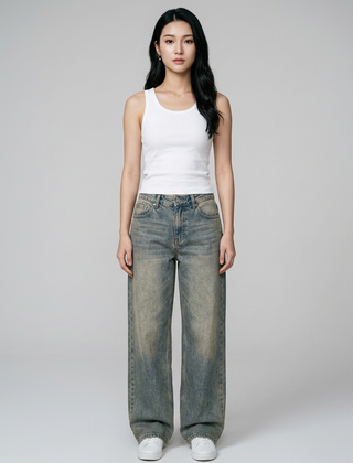 SYLVAINE Vintage Casual Baggy Jeans in Washed Blue