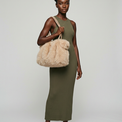 CHARLOTTE - Versatile Plush Velvet Shoulder Tote Bag - Khaki Gray - with model