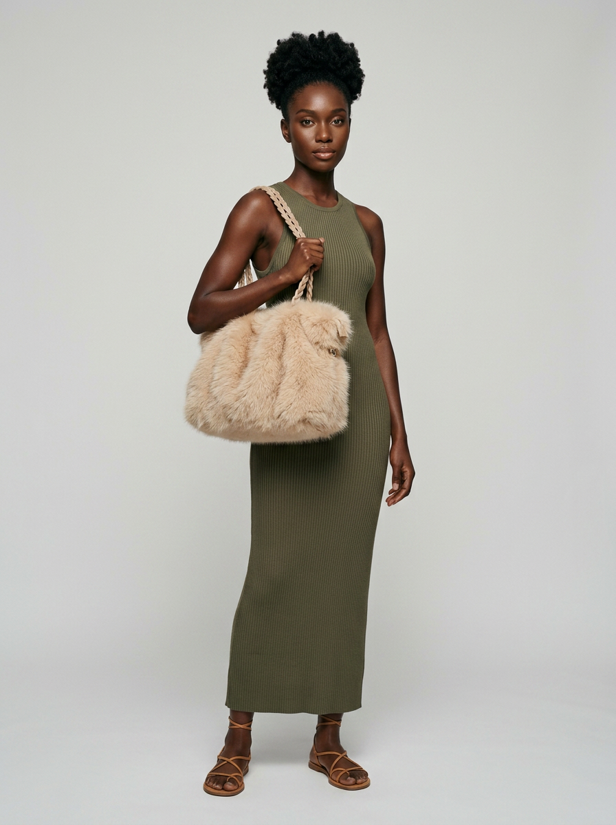 CHARLOTTE - Versatile Plush Velvet Shoulder Tote Bag - Khaki Gray - with model