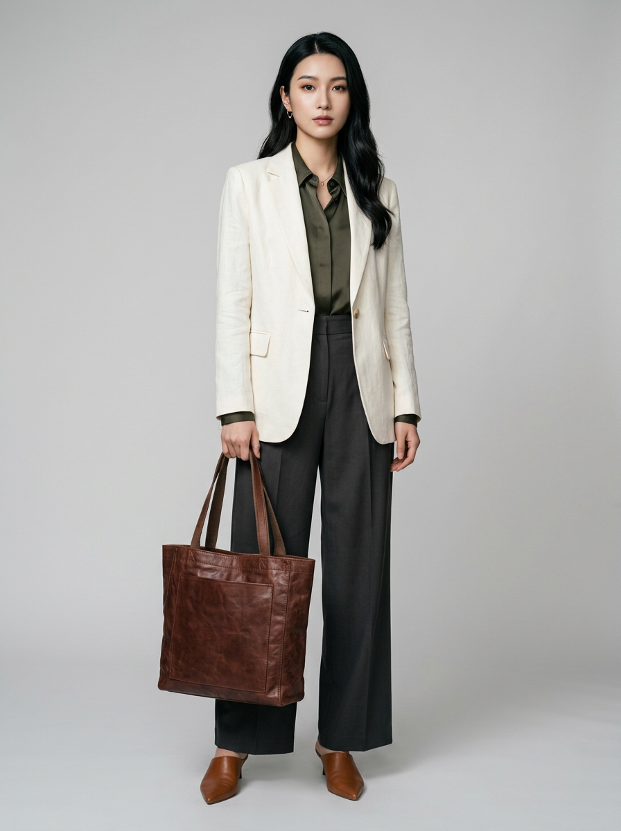 PAMELA | Classic Leather Tote - Dark Brown - with model