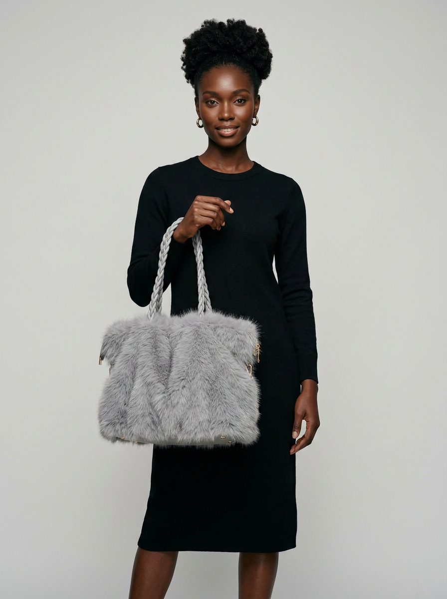 CHARLOTTE - Versatile Plush Velvet Shoulder Tote Bag - Gray - with model