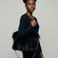 CHARLOTTE - Versatile Plush Velvet Shoulder Tote Bag - Black - with model