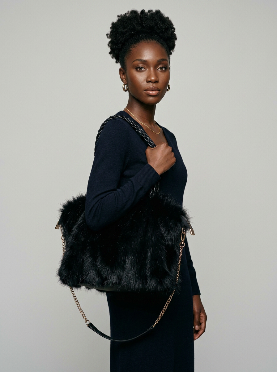 CHARLOTTE - Versatile Plush Velvet Shoulder Tote Bag - Black - with model