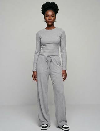 CASIDY long sleeve top and wide leg pants set in light gray