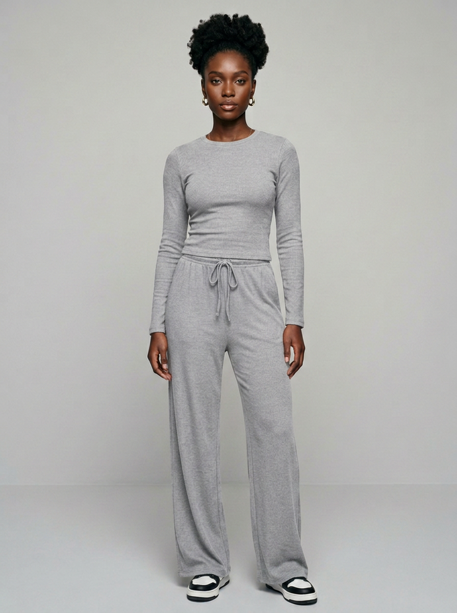CASIDY long sleeve top and wide leg pants set in light gray