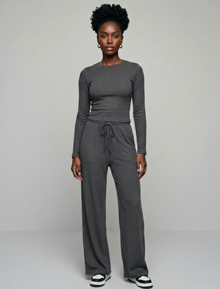 CASIDY long sleeve top and wide leg pants set in dark gray