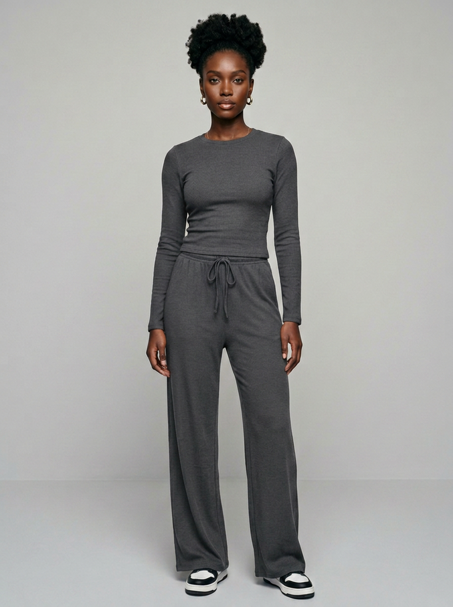 CASIDY long sleeve top and wide leg pants set in dark gray