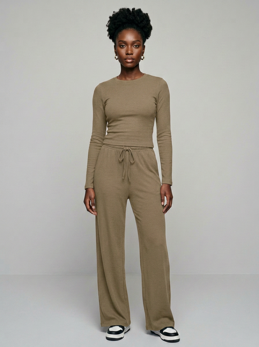CASIDY long sleeve top and wide leg pants set in khaki
