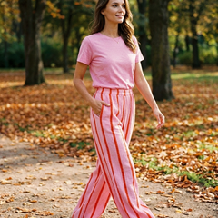CHARO - Comfy Striped Wide-Leg Lounge Trousers - Pink - Lifestyle photo