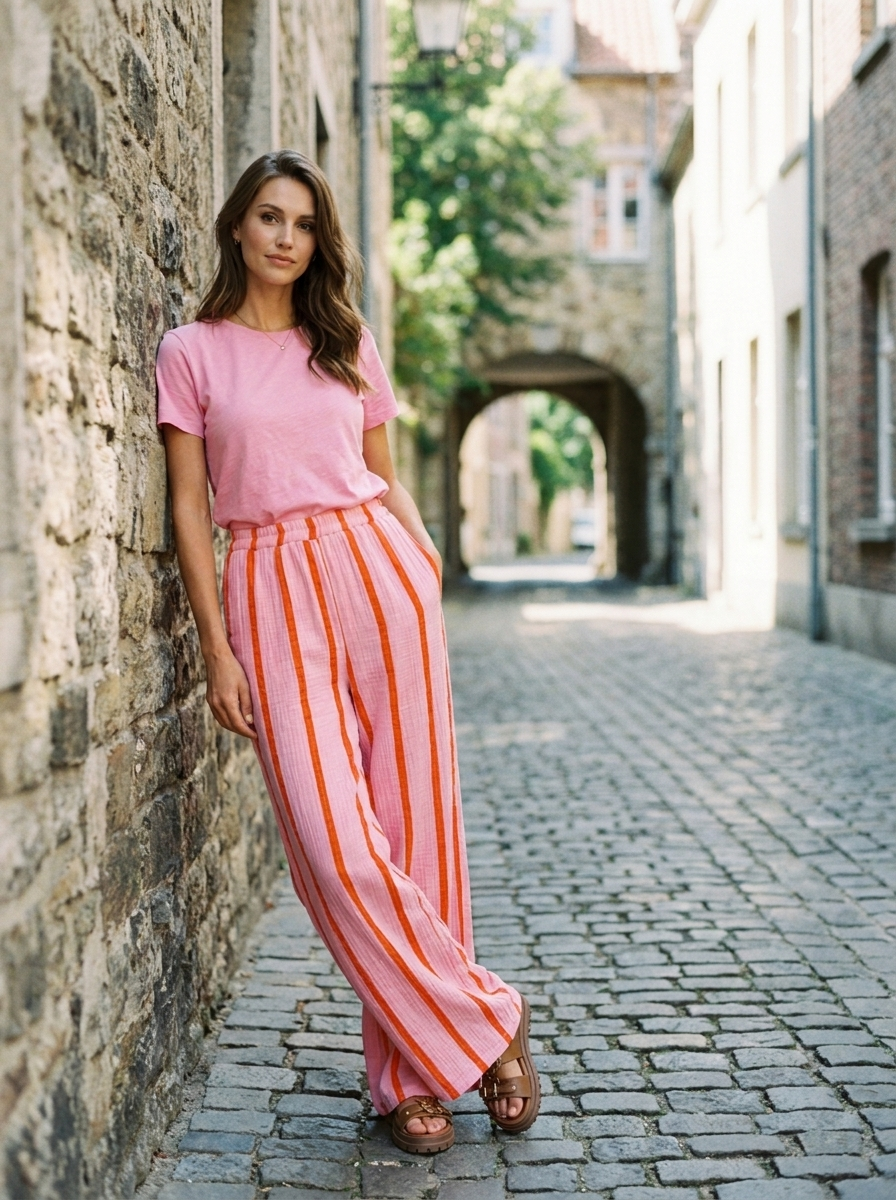 CHARO - Comfy Striped Wide-Leg Lounge Trousers - Pink - Lifestyle photo
