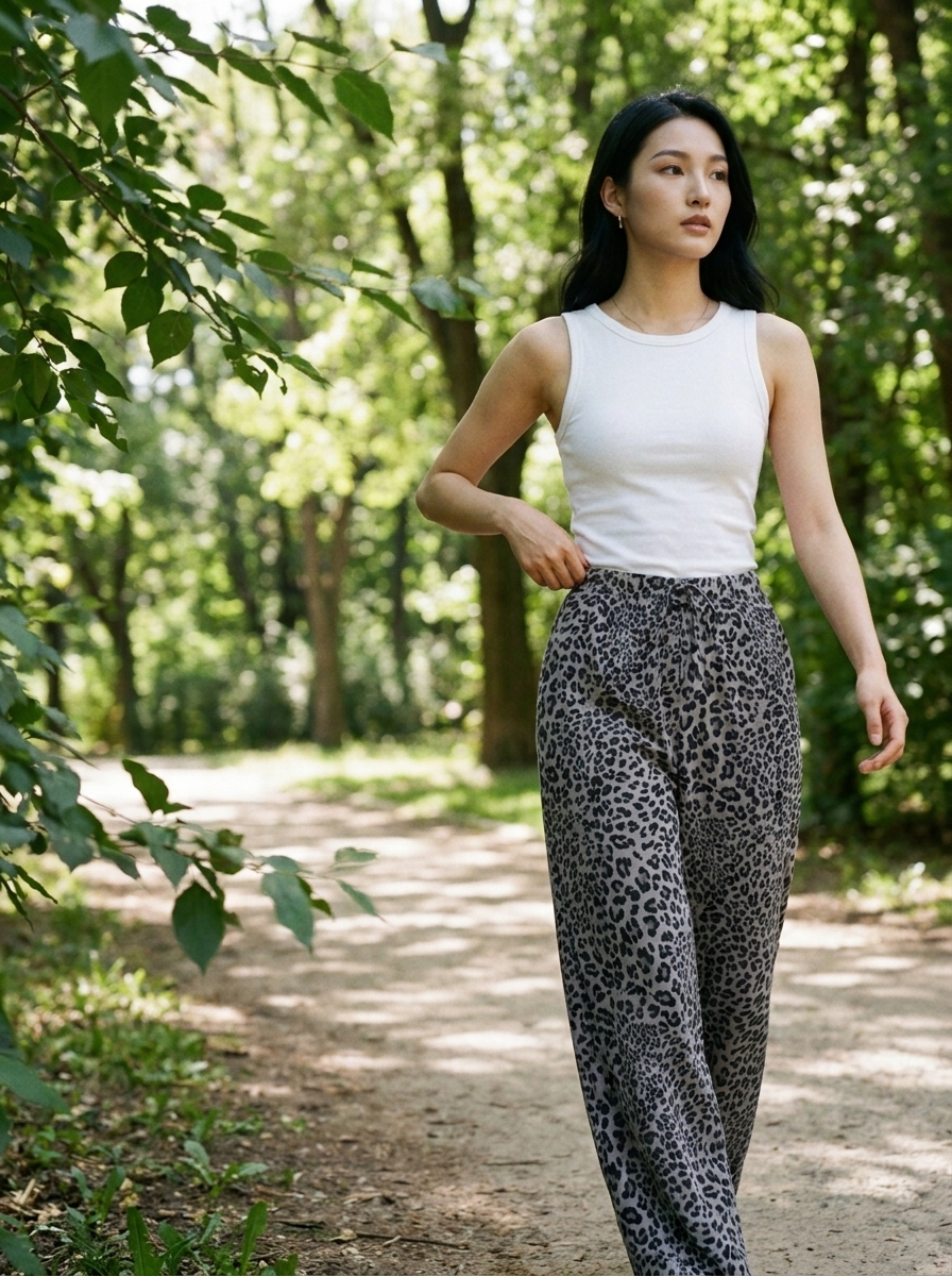SYALA - Vintage Leopard Tie Front Wide Leg Pants - Gray - Lifestyle photo