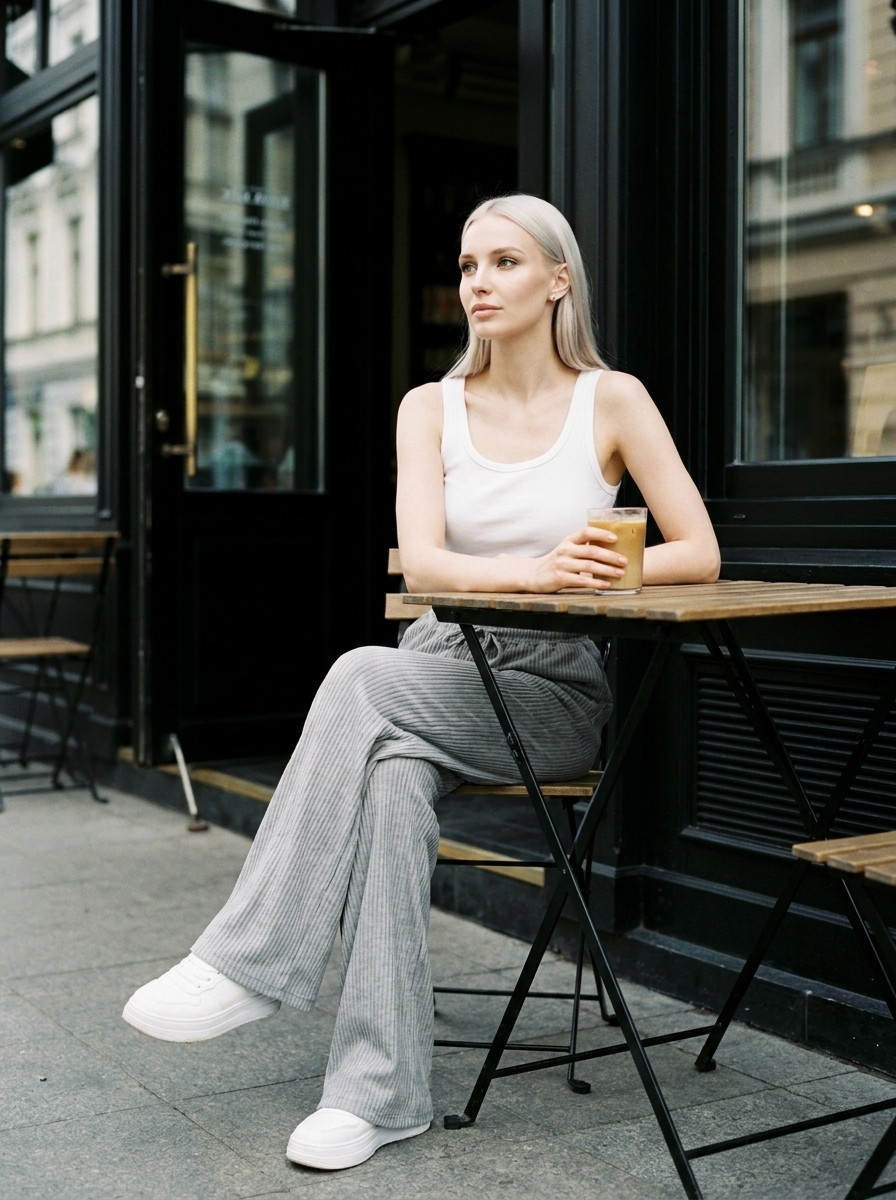 ZABBY - Casual Wide Leg Comfy Everyday Pants - Light Gray - Lifestyle photo