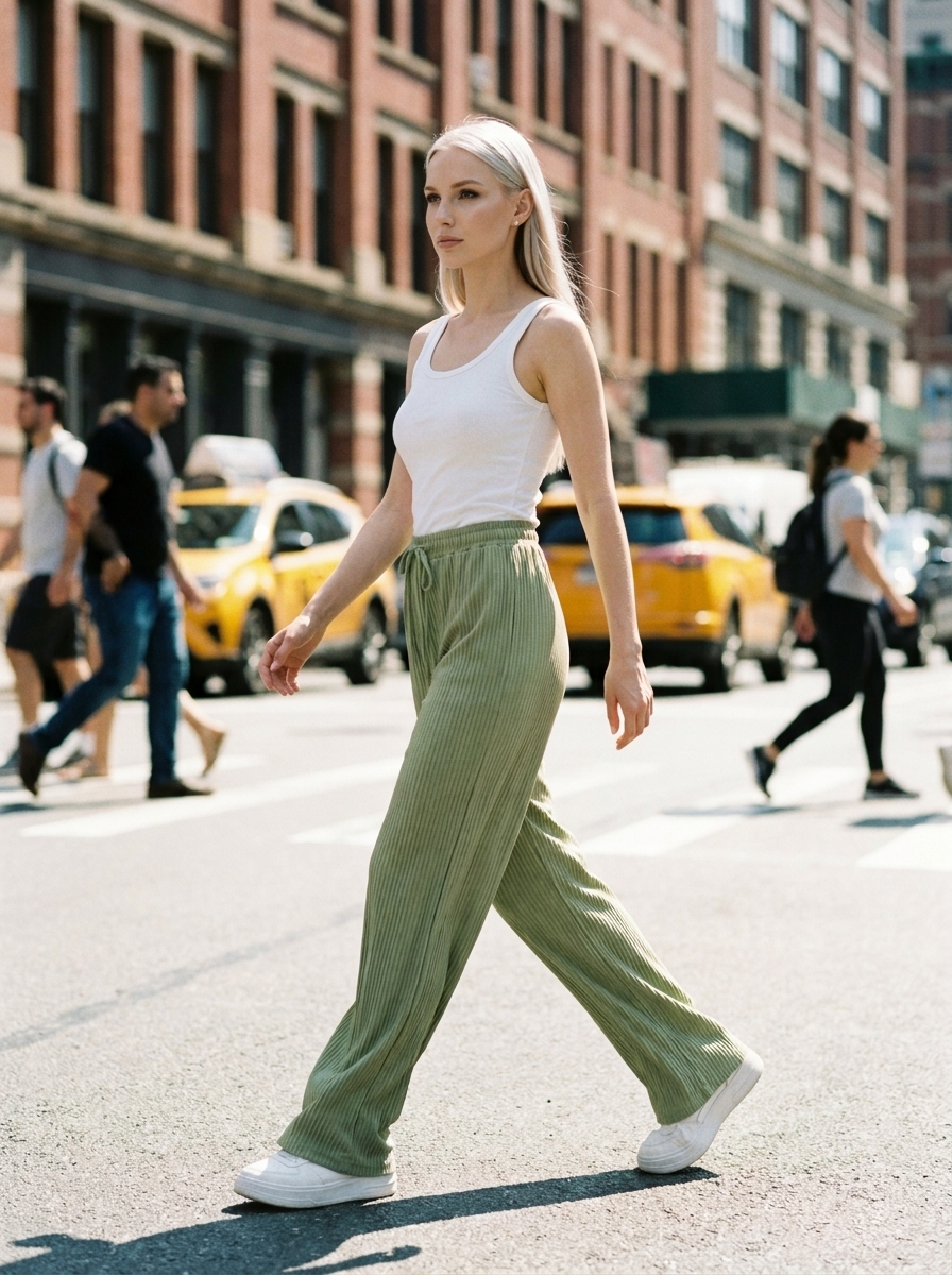 ZABBY - Casual Wide Leg Comfy Everyday Pants - Light Green - Lifestyle photo