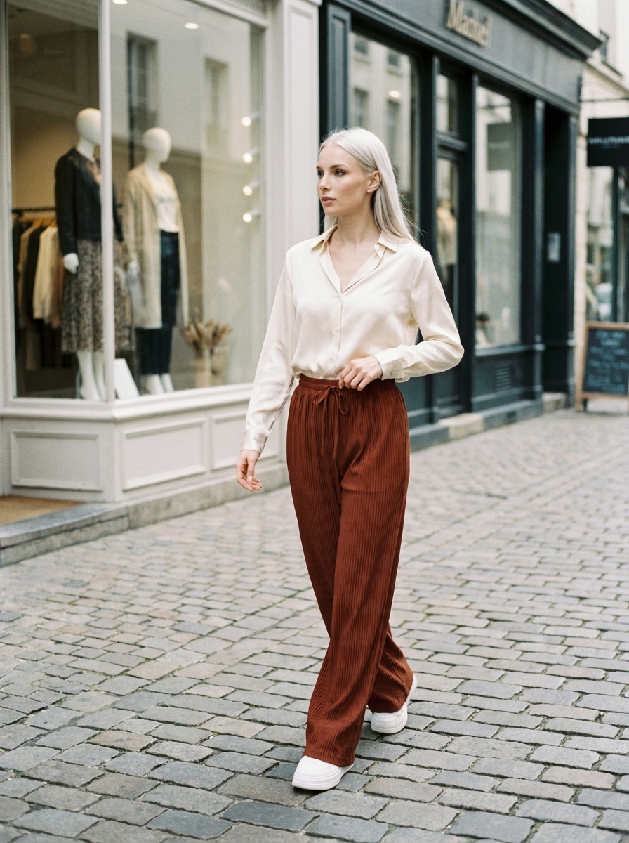 ZABBY - Casual Wide Leg Comfy Everyday Pants - Reddish Brown - Lifestyle photo
