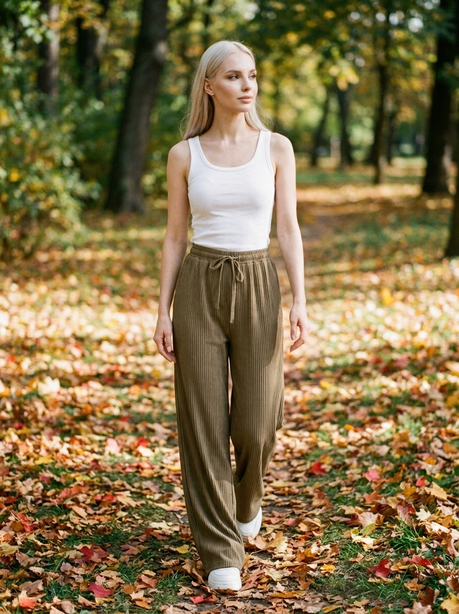 ZABBY - Casual Wide Leg Comfy Everyday Pants - Khaki - Lifestyle photo