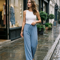 NIKU - Casual Wide Leg Drawstring Pants - Light Blue - Lifestyle photo