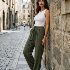 NIKU - Casual Wide Leg Drawstring Pants - Army Green - Lifestyle photo