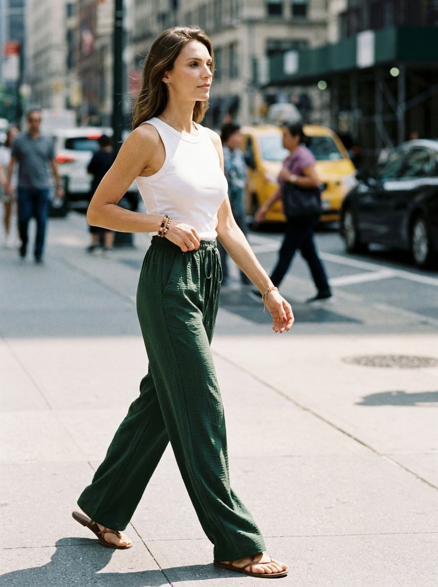NIKU - Casual Wide Leg Drawstring Pants - Dark Green - Lifestyle photo