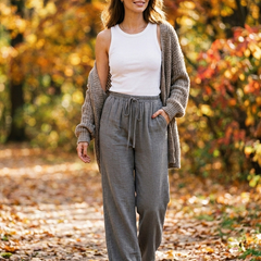 NIKU - Casual Wide Leg Drawstring Pants - Gray - Lifestyle photo