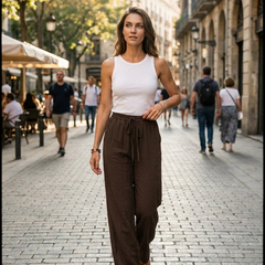 NIKU - Casual Wide Leg Drawstring Pants - Dark Brown - Lifestyle photo