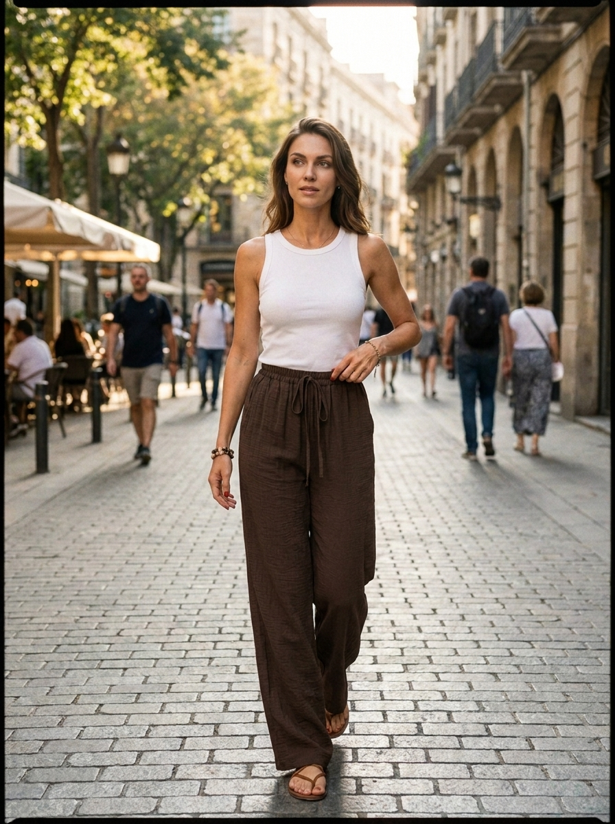 NIKU - Casual Wide Leg Drawstring Pants - Dark Brown - Lifestyle photo