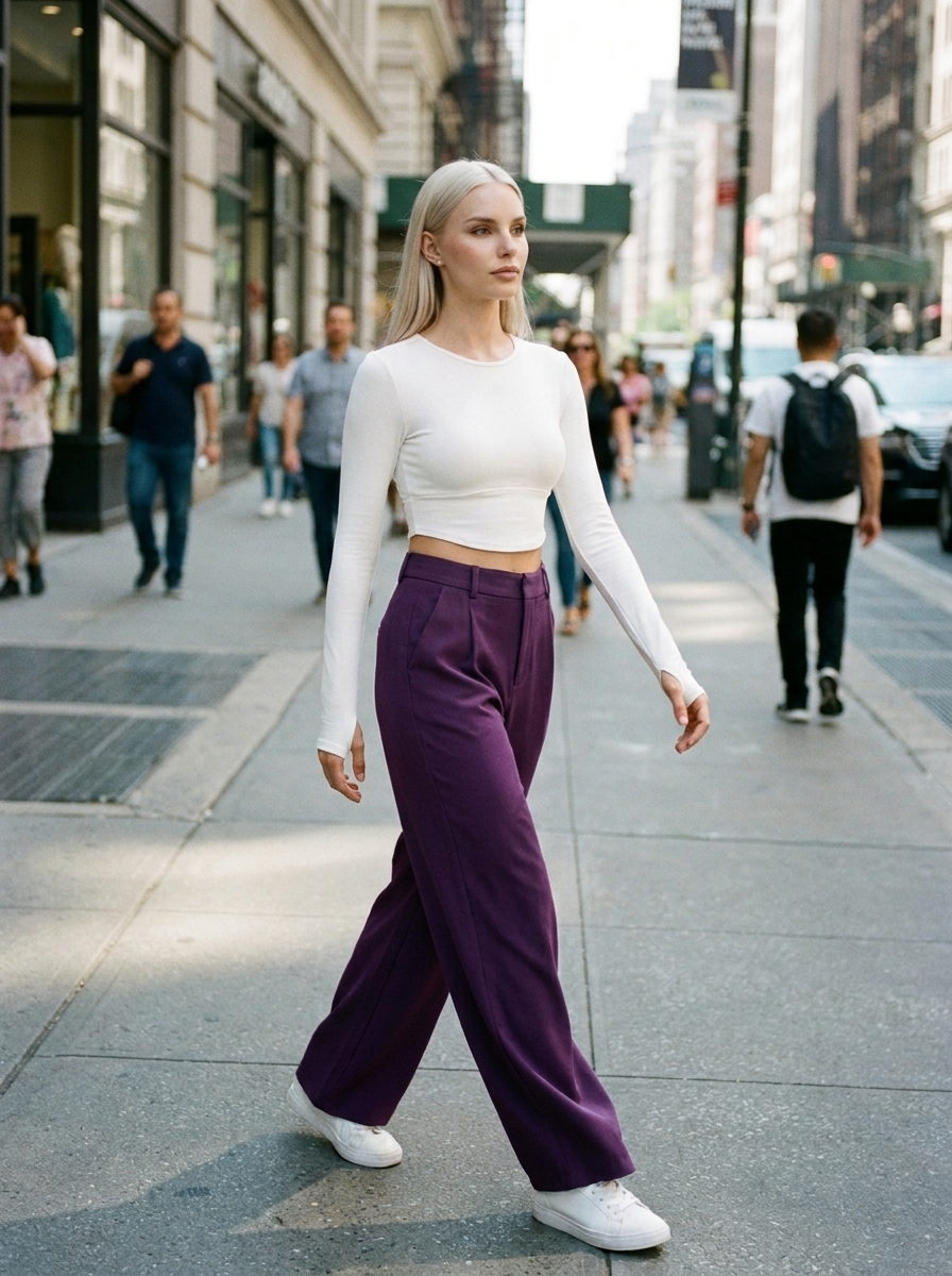 CHARMIE - Casual High Waist Straight Leg Pants - Purple - Lifestyle photo