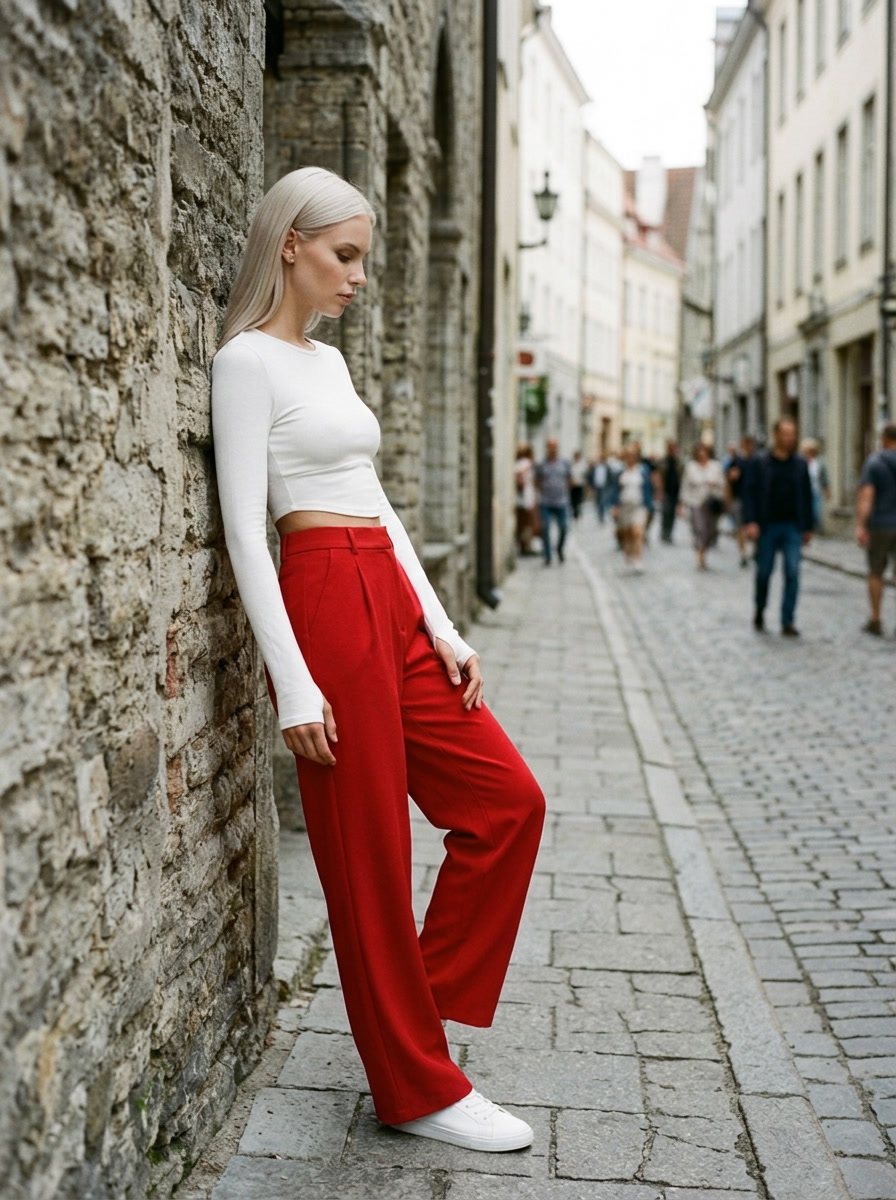 CHARMIE - Casual High Waist Straight Leg Pants - Red - Lifestyle photo